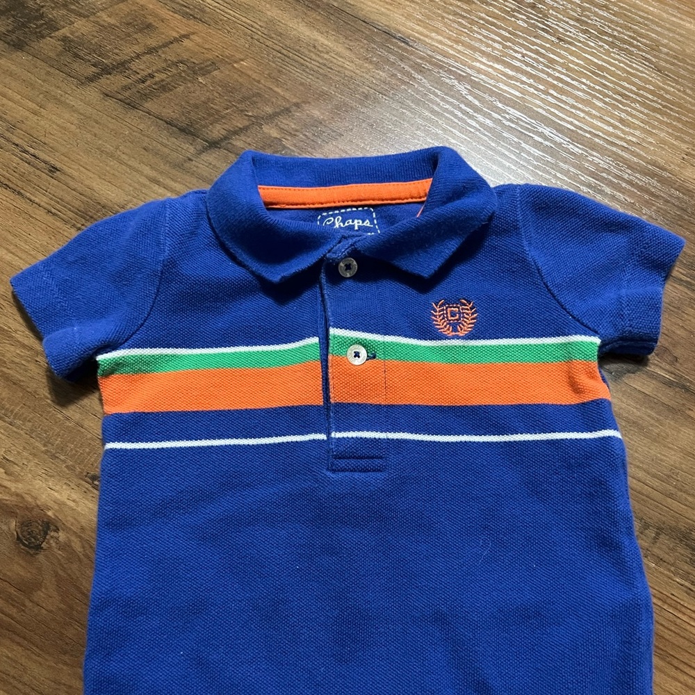 Chaos Blue Polo Romper with Orange, Green, & White Stripes 3 Month 100% Cotton - Picture 3 of 6